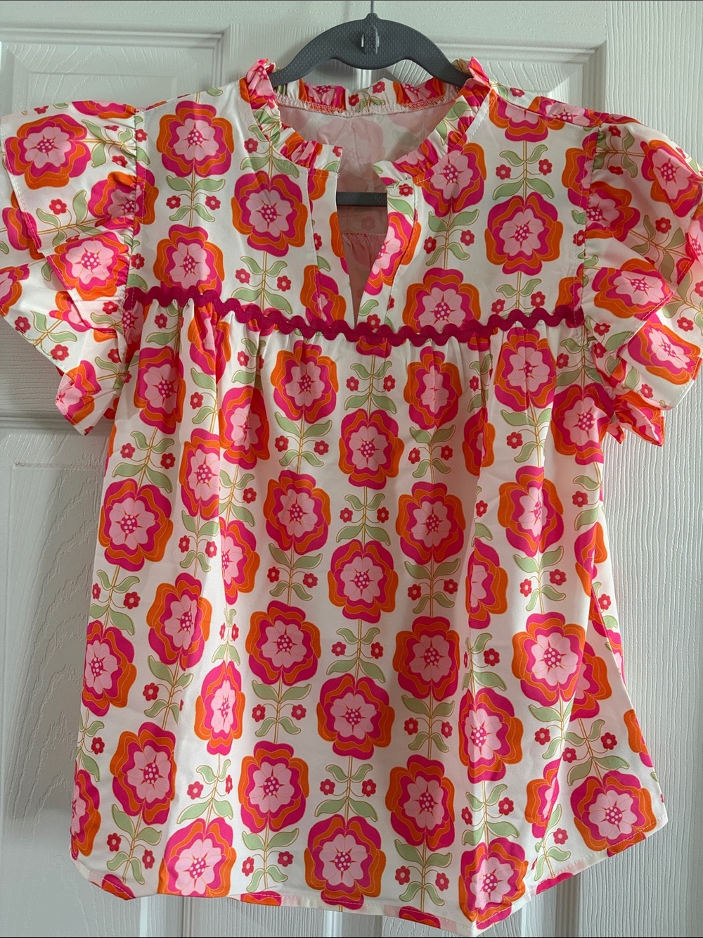 Women’s Floral Ruffle Sleeve Blouse - Pink & Orange